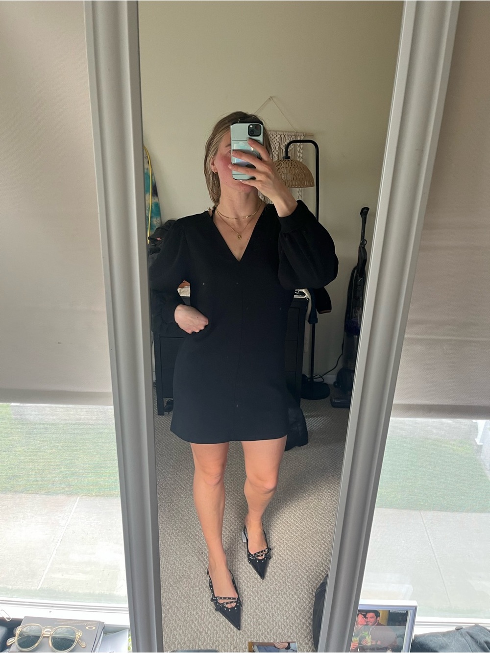 Zara Black V-Neck Puff Sleeve Mini Dress